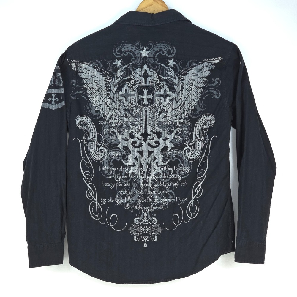 Y2K HELIX Button Shirt Mens Large Black Goth Grunge Cross Wings Biker Rockabilly